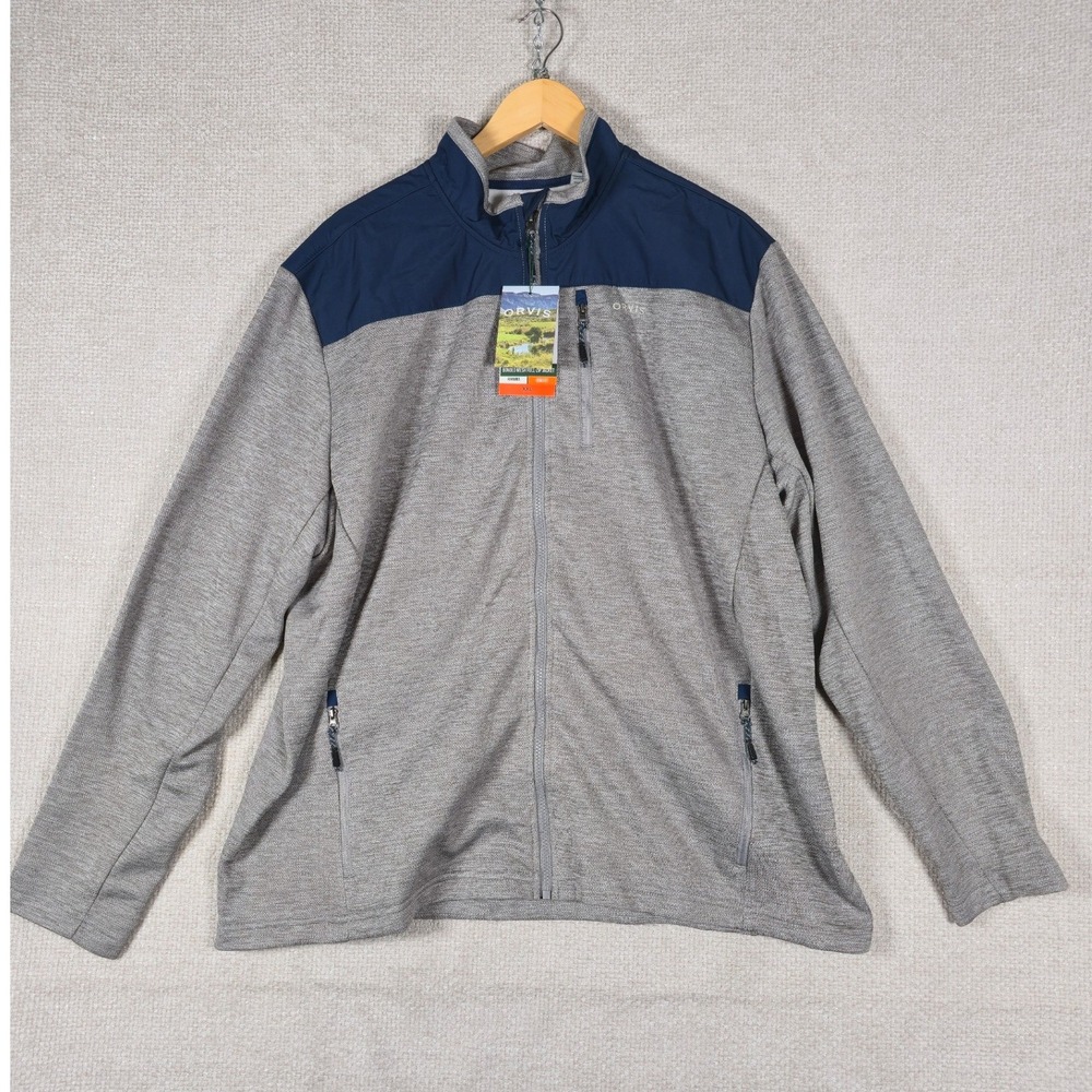 Orvis Mens Bonded Mesh Full-Zip Jacket XXL Grey Navy Blue‎ Fleece Lined NWT